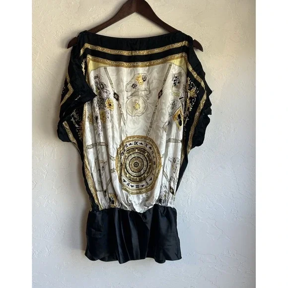 Y2K Cache 100% Silk Blouson Tunic Top M Tea Pot Print Baroque Chain Draped - Picture 4 of 12